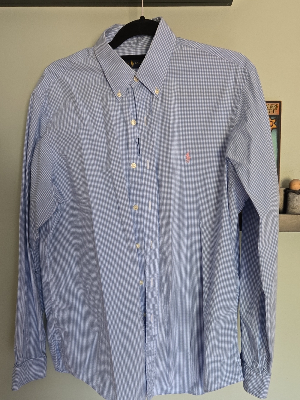 Ralph Lauren Light Blue Micro Gingham Button-Down Shirt with Pink Pony Sz LG